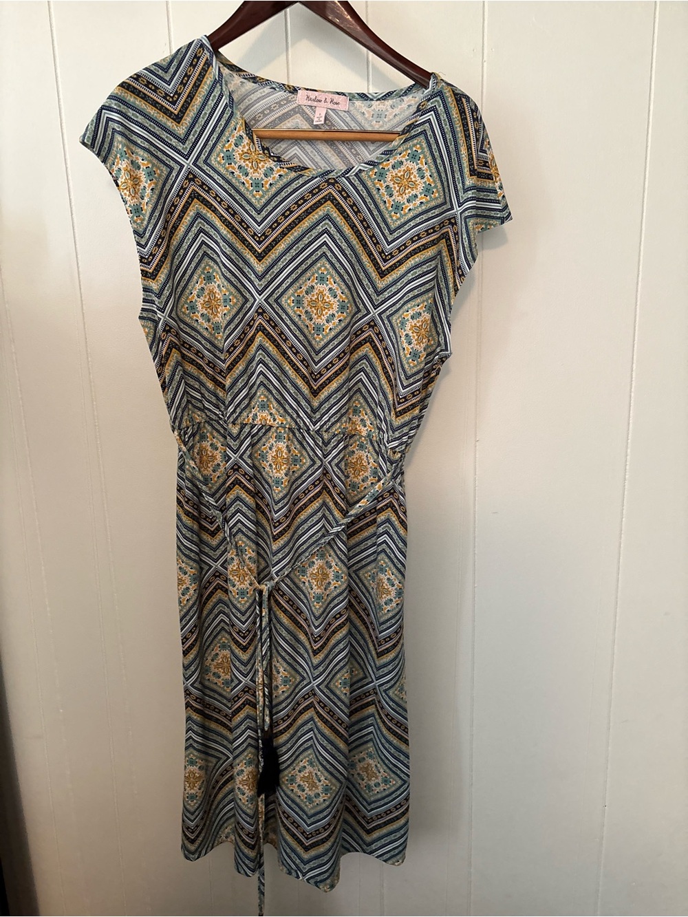 Vintage-Inspired Blue Geometric Midi Dress with Yellow Accents